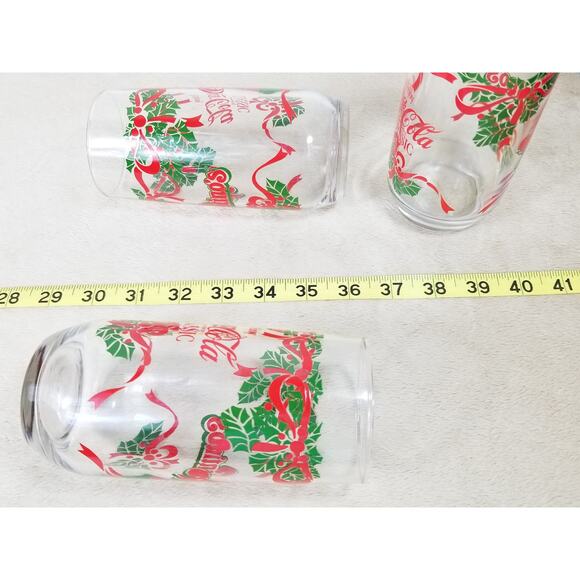 Coca Cola Classic Christmas Drinking Glass 16oz Valentino's Pizza 7" Vintage x3 - Picture 12 of 12